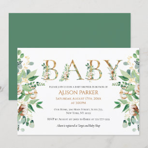 Invitation Elégant Baby shower Botanique Eucalyptus Or
