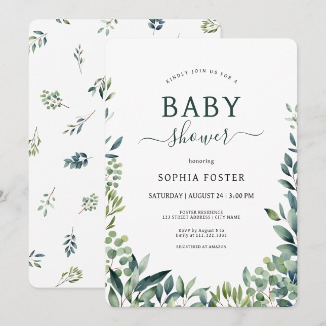 Invitation Elégant Baby shower botanique feuille (Devant / Derrière)