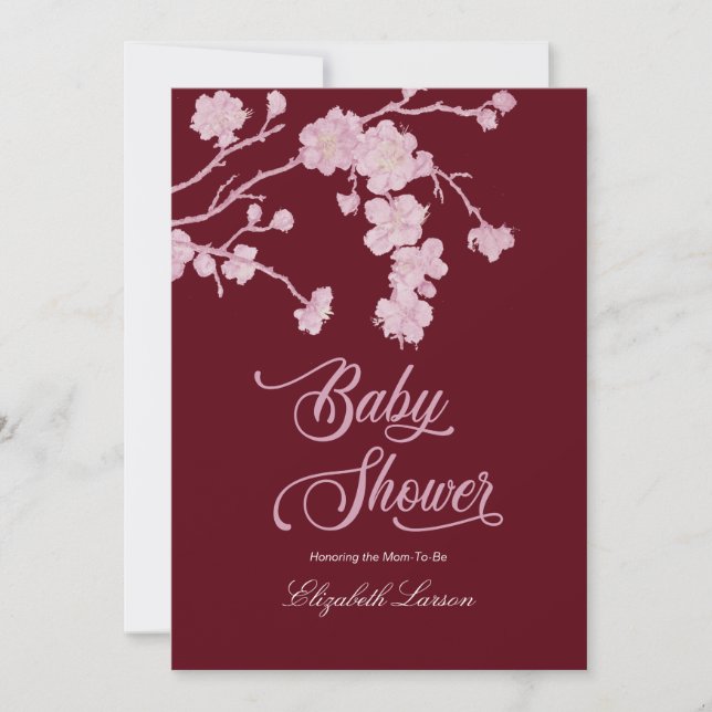 Invitation Elégant Baby shower Bourgogne en fleurs de cerises (Devant)