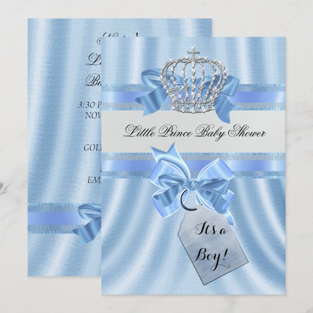 Invitation Elégant Baby shower Boy Blue Little Prince Crown (Devant / Derrière)