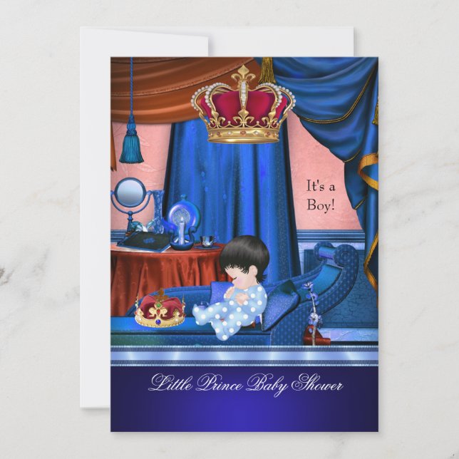Invitation Elégant Baby shower Boy Blue Little Prince Crown (Devant)
