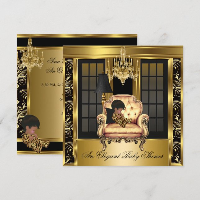 Invitation Elégant Baby shower Chandelier Gold Chaise 3A (Devant / Derrière)