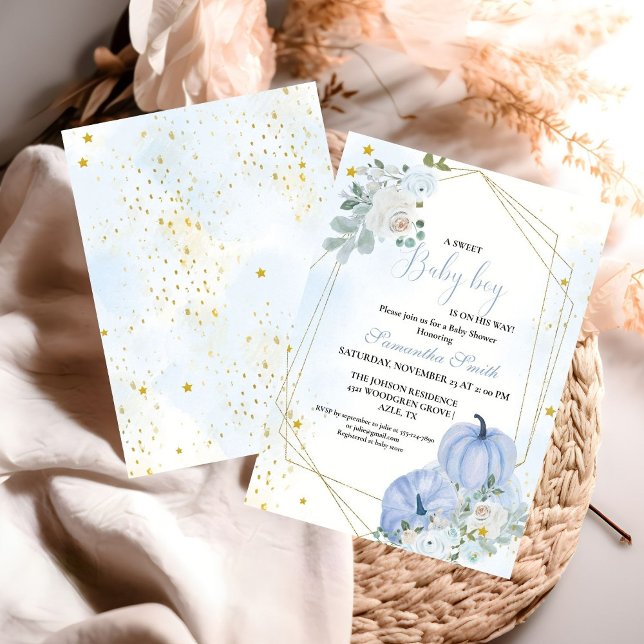 Invitation Elégant Baby shower Citrouille Blue Little (Créateur téléchargé)