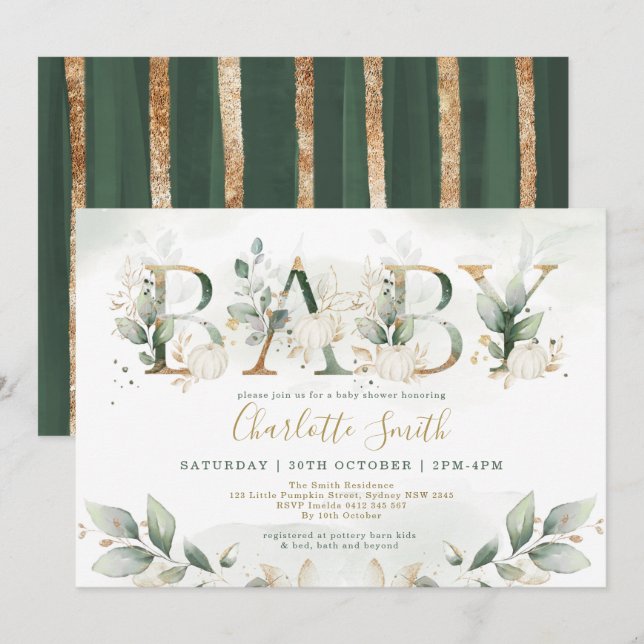 Invitation Elégant Baby shower Citrouille vert verdoyant Or (Devant / Derrière)