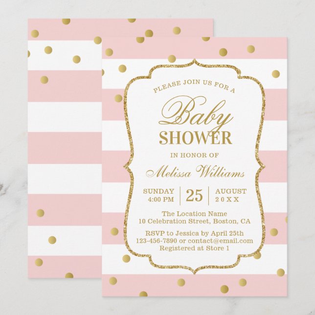 Invitation Elégant Baby shower Confetti Gold Pink Stripes (Devant / Derrière)
