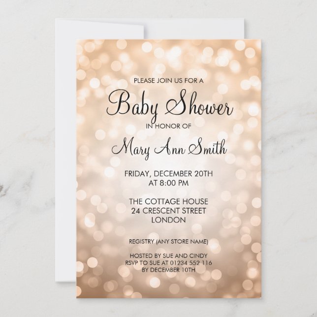 Invitation Elegant Baby Shower Copper Glitter Lights (Devant)