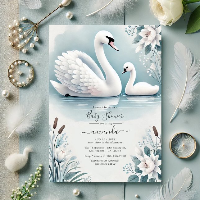 Invitation Elégant Baby shower cygnet et cygnet (Elegant Swan and Cygnet Baby Shower Invitation)