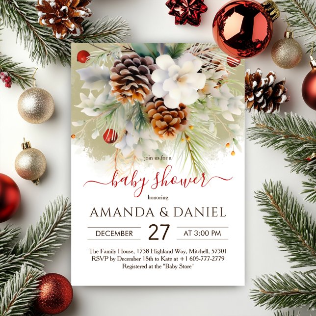 Invitation Elégant Baby shower d'aquarelle À feuillage persis (Elegant Winter Evergreen Watercolor Baby Shower Invitation)