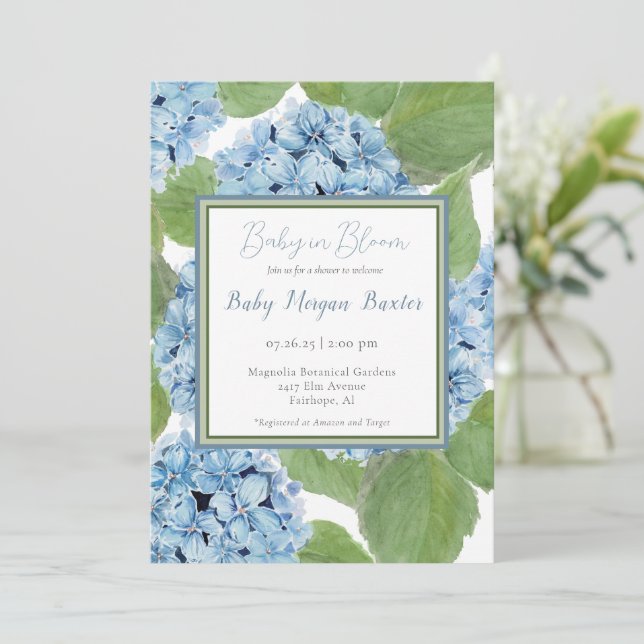 Invitation Elégant Baby shower d'aquarelle bleu Hydrangea (Debout devant)