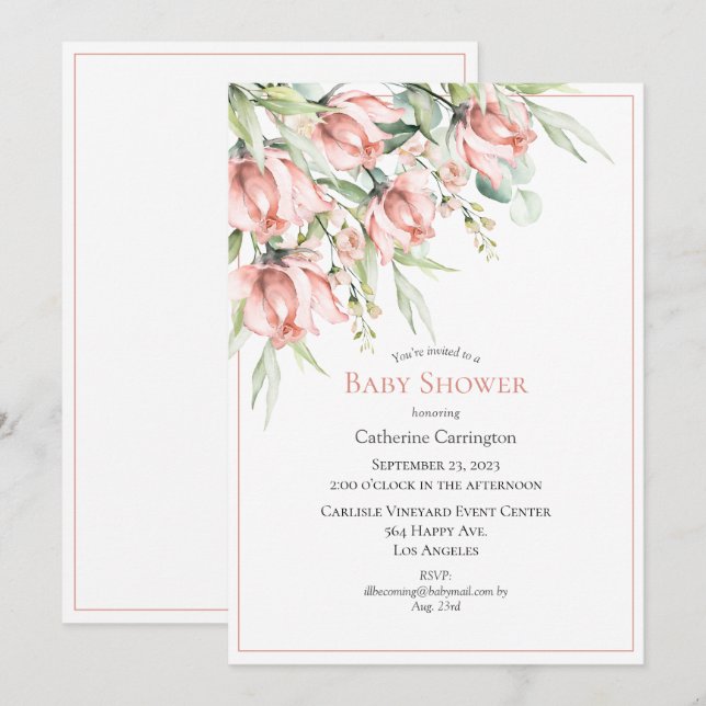 Invitation Elégant Baby shower d'aquarelle florale (Devant / Derrière)