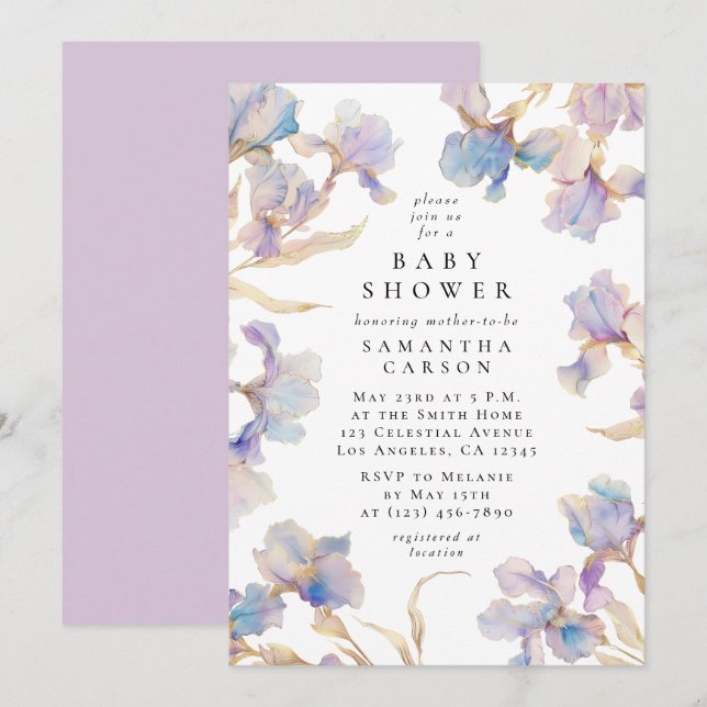 Invitation Elégant Baby shower d'aquarelle florale Iris (Devant / Derrière)
