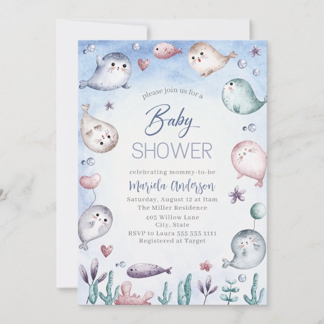 Invitation Elégant Baby shower d'aquarelle pour bébé phoque (Devant)