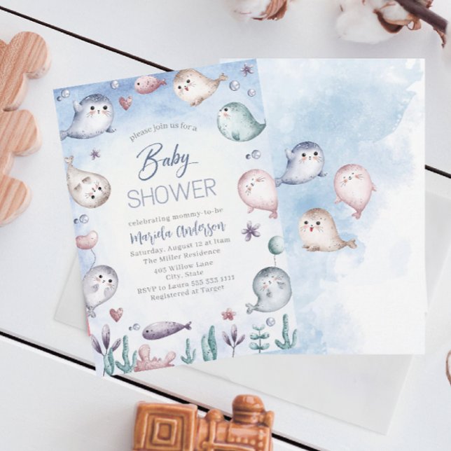 Invitation Elégant Baby shower d'aquarelle pour bébé phoque (Créateur téléchargé)