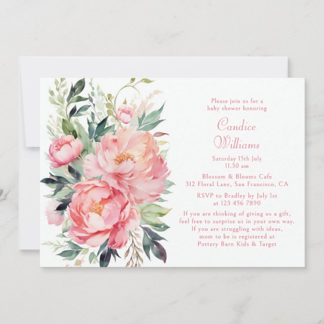 Invitation Elégant Baby shower d'aquarelle rose Floral Couple (Devant)