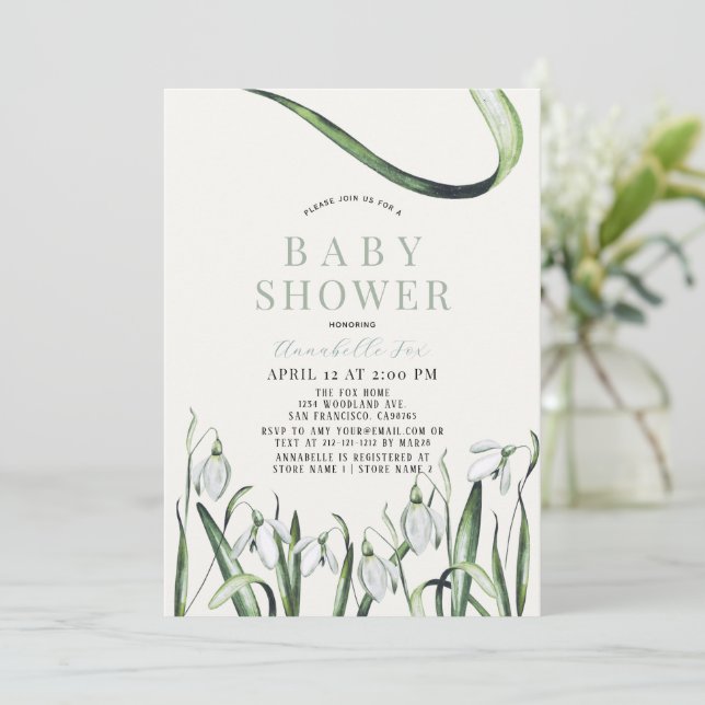 Invitation Elégant Baby shower d'aquarelle Snowdrops (Debout devant)