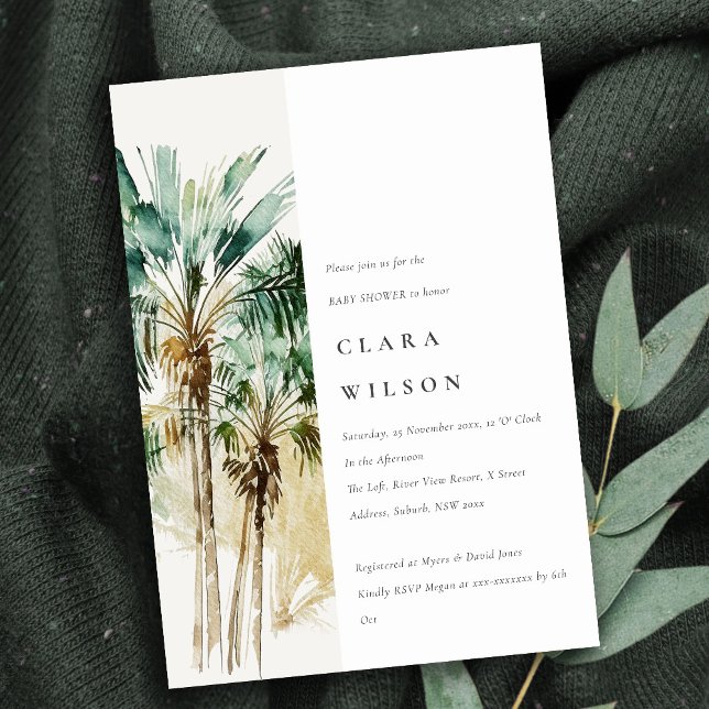 Invitation Elégant Baby shower d'aquarelle tropicale palmiers (Créateur téléchargé)