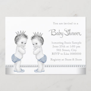 Invitation Elégant Baby shower d'argent et de jumeaux bleu