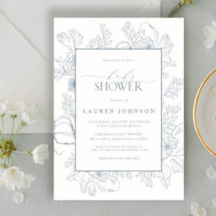 Invitation Elégant Baby shower d'art Dusty Blue Floral Line