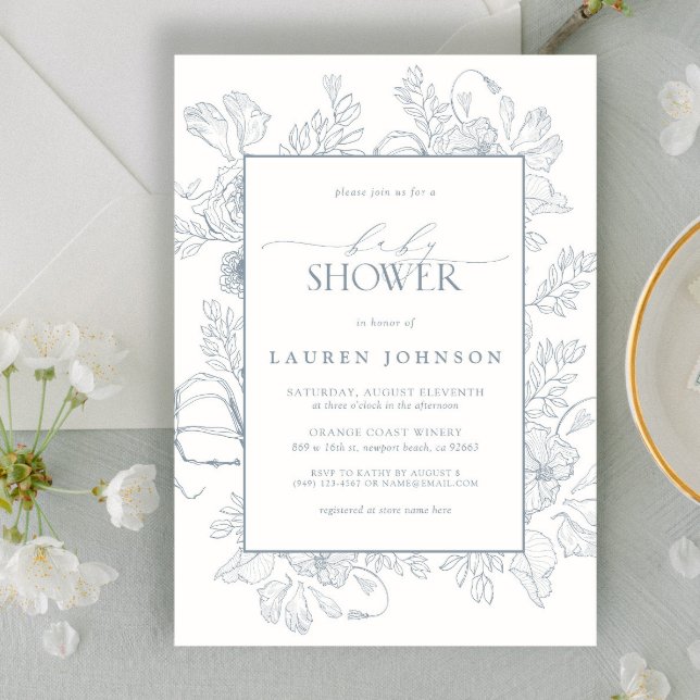 Invitation Elégant Baby shower d'art Dusty Blue Floral Line (Créateur téléchargé)