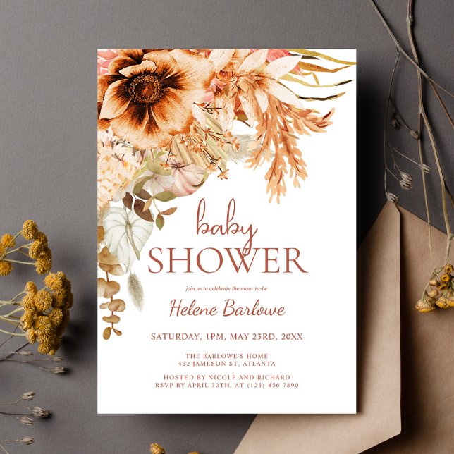 Invitation Élégant Baby shower d'automne en terre cuite fleur (Elegant Floral Terracotta Fall Baby Shower Invitation)