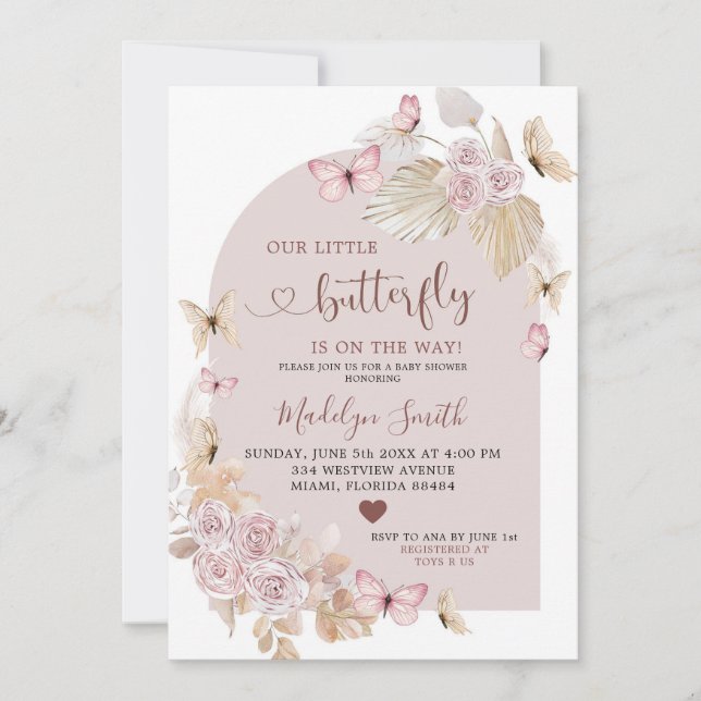 Invitation Élégant Baby shower de Brousset et Papillon de Boh (Devant)