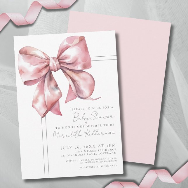 Invitation Élégant Baby shower de cabot rose (Elegant Pink Bow Baby Shower Invitation)