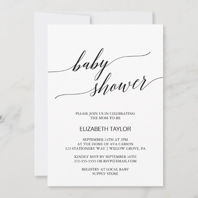 Invitation Élégant Baby shower de calligraphie blanche et noi (Devant)
