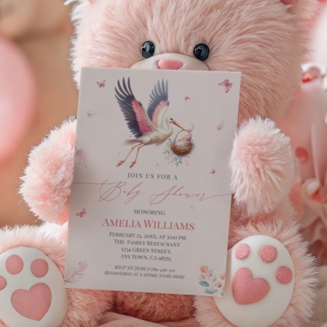 Invitation Élégant Baby shower de cigogne rose avec papillons (Créateur téléchargé)