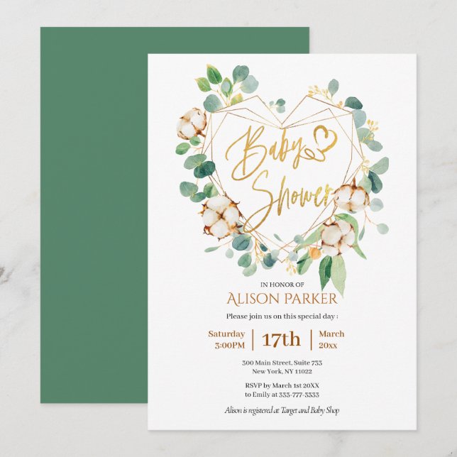 Invitation Elégant Baby shower de couronne de coeur d'or Euca (Devant / Derrière)