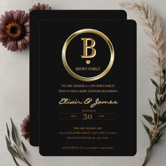 Invitation Élégant Baby shower de famille Monogramme noir et