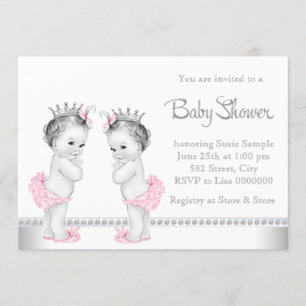 Invitation Élégant Baby shower de fille jumelle rose et argen