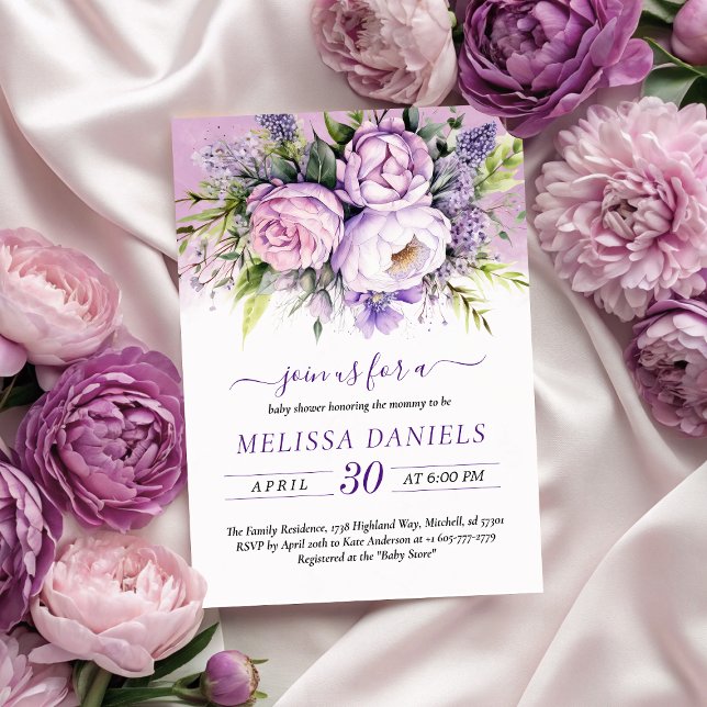 Invitation Élégant Baby shower de fleurs de jardin violet et  (Elegant Purple & Pink Garden Flowers Baby Shower Invitation)