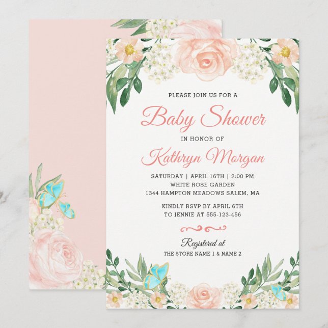 Invitation Élégant Baby shower de fleurs florales de la pêche (Devant / Derrière)