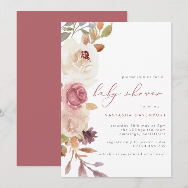 Invitation Élégant Baby shower de fleurs roses poussiéreuses (Devant / Derrière)