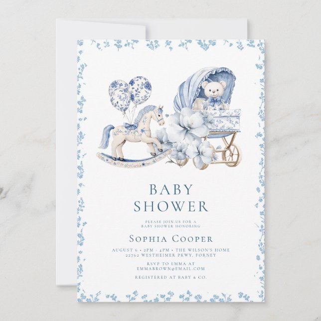 Invitation Elégant Baby shower de garçon de la Chinoiserie Bl (Devant)