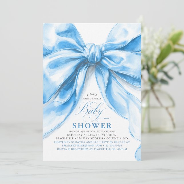 Invitation Élégant Baby shower de garçon de la cou bleue (Debout devant)
