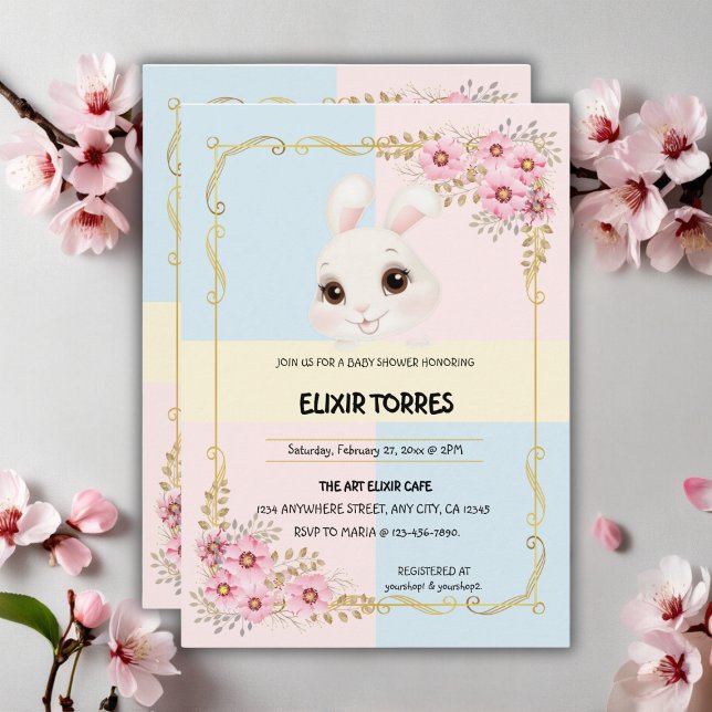 Invitation Elégant Baby shower de lapin blanc moderne (Créateur téléchargé)