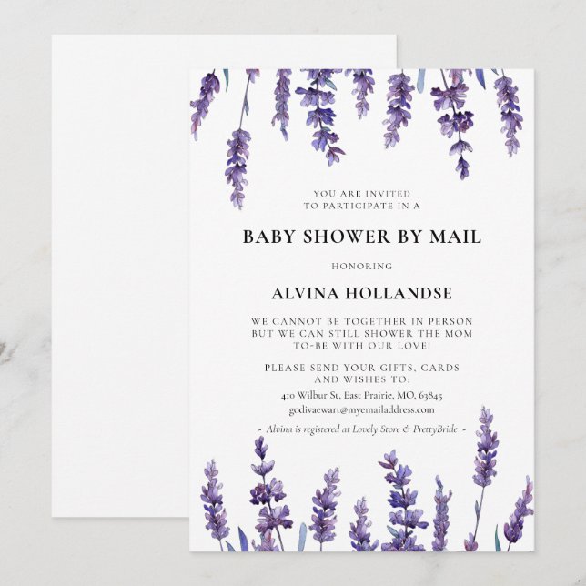 Invitation Elégant Baby shower de lavande florale par courrie (Devant / Derrière)