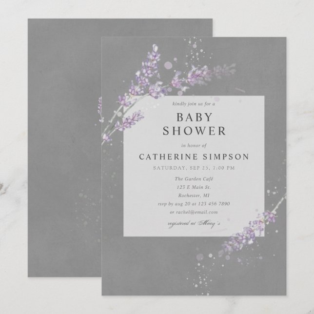 Invitation Elégant baby shower de lavande gris aquarelle (Devant / Derrière)