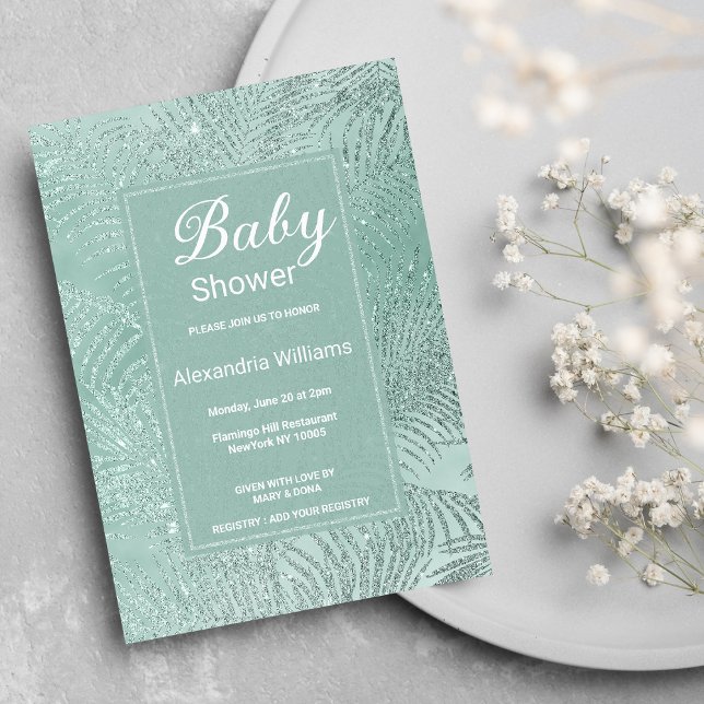 Invitation Elégant Baby shower de palmier à parties scintilla (Elegant mint green glitter palm tree Baby Shower)