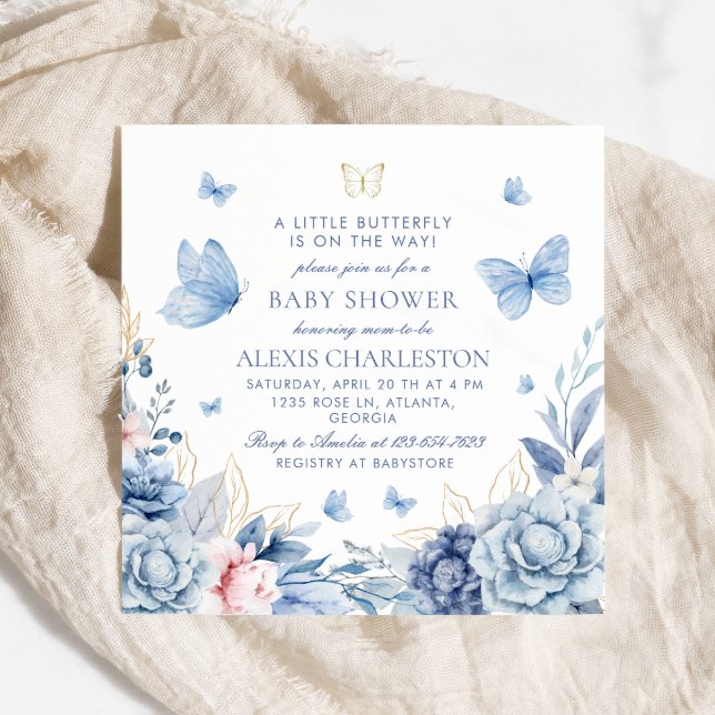 Invitation Elégant Baby shower de papillon bleu (Créateur téléchargé)