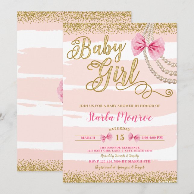 Invitation Elégant Baby shower de perle rose de la cave rose (Devant / Derrière)