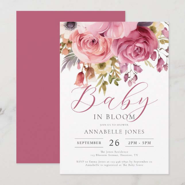 Invitation Elégant Baby shower de script floral aquarelle (Devant / Derrière)