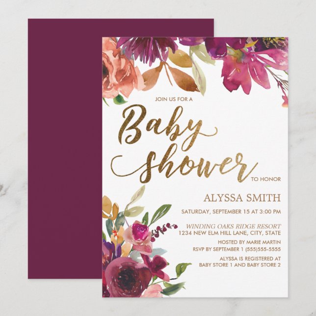 Invitation Élégant Baby shower de script floral or Bourgogne (Devant / Derrière)