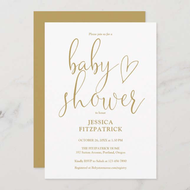 Invitation Élégant Baby shower de script Gold Heart (Devant / Derrière)