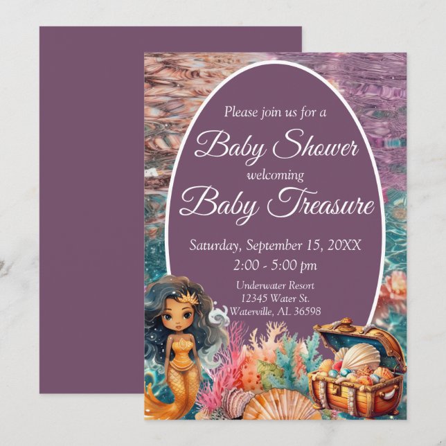 Invitation Élégant Baby shower de sirène noire (Devant / Derrière)