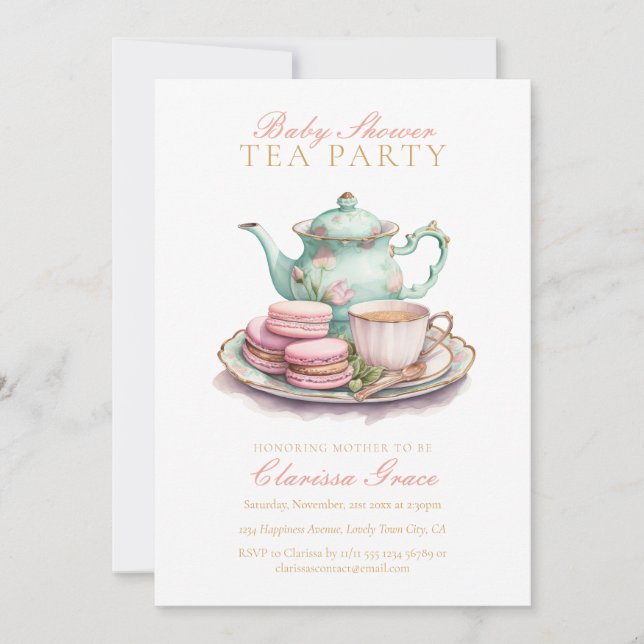 Invitation Elégant Baby shower de Tea Party aquarelle (Devant)