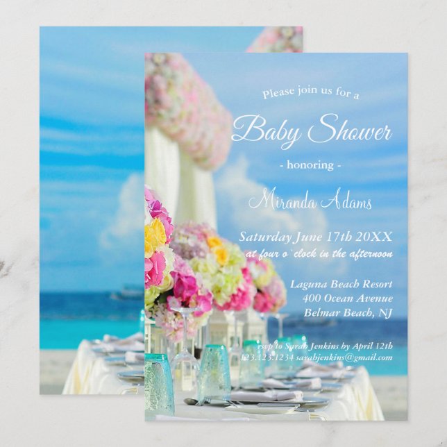 Invitation Elégant Baby shower d'été de Plage Florale Océan (Devant / Derrière)