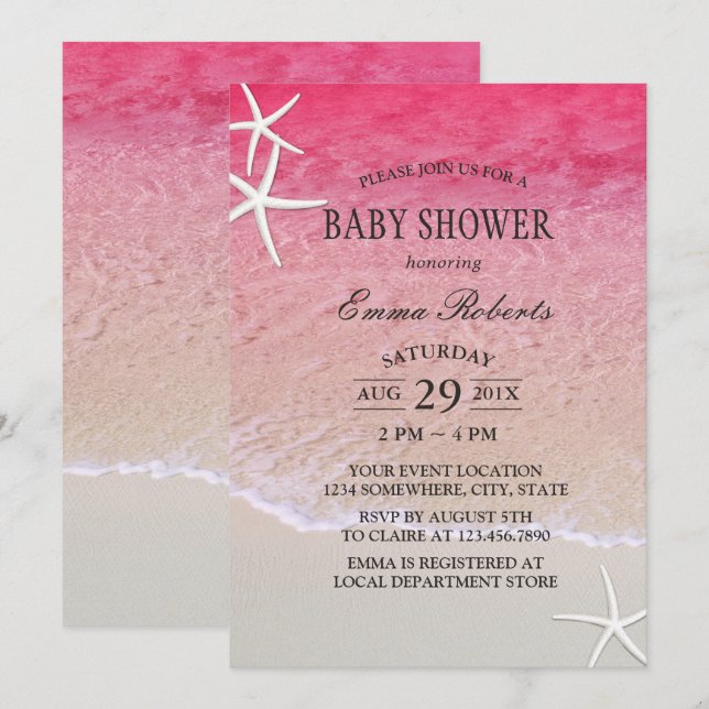 Invitation Elégant Baby shower d'étoiles de plage rose (Devant / Derrière)