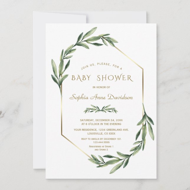 Invitation Élégant Baby shower d'olive Diamant Or (Devant)